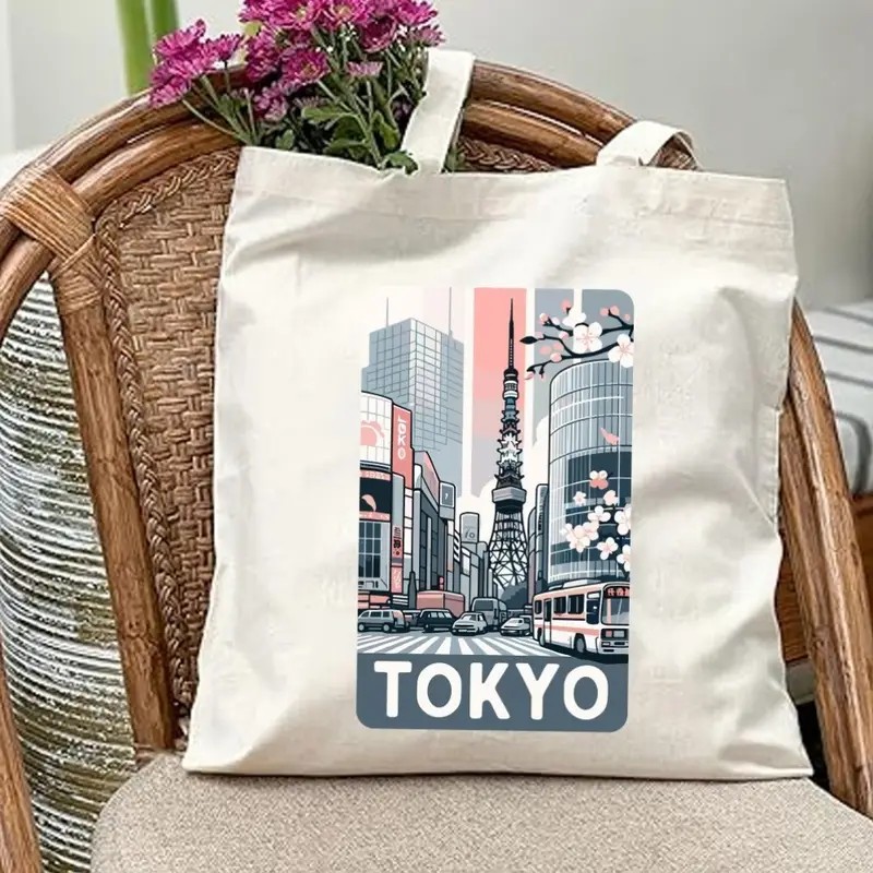 Travel Accessories For Japan - Aesthetic Tokyo Cityscape Canvas Tote Bag
